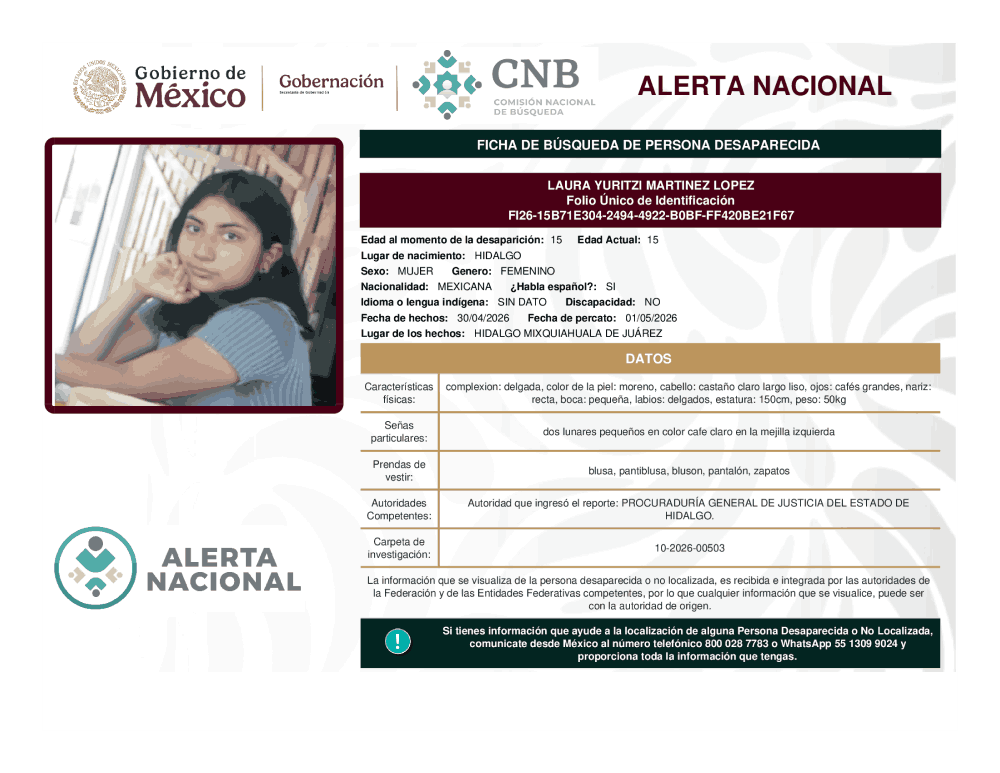 Persona desaparecida Laura Yuritzi Martínez López