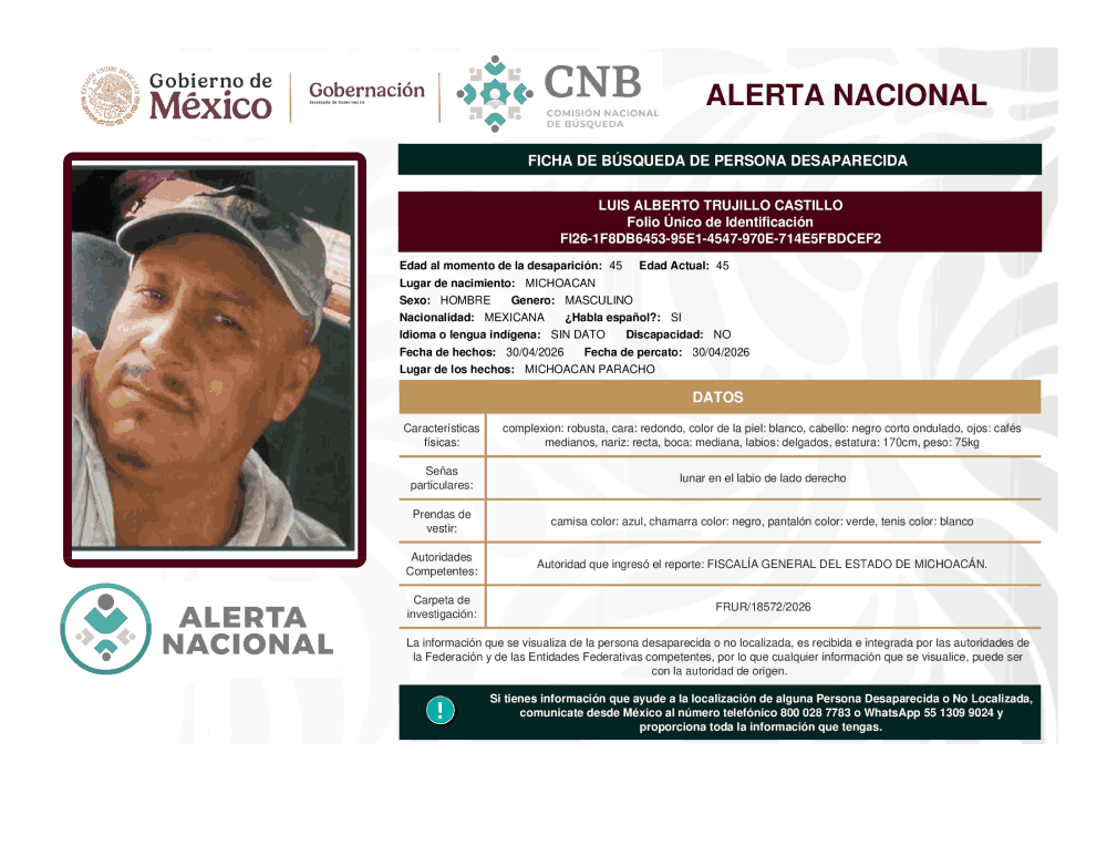 Persona desaparecida Luis Alberto Trujillo Castillo