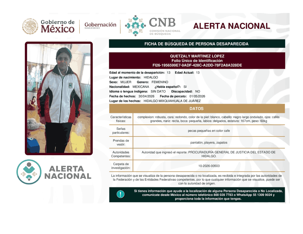 Persona desaparecida Quetzaly Martínez López