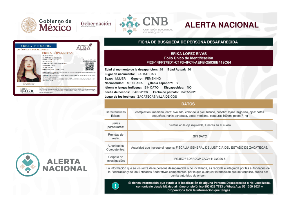 Persona desaparecida Erika López Rivas