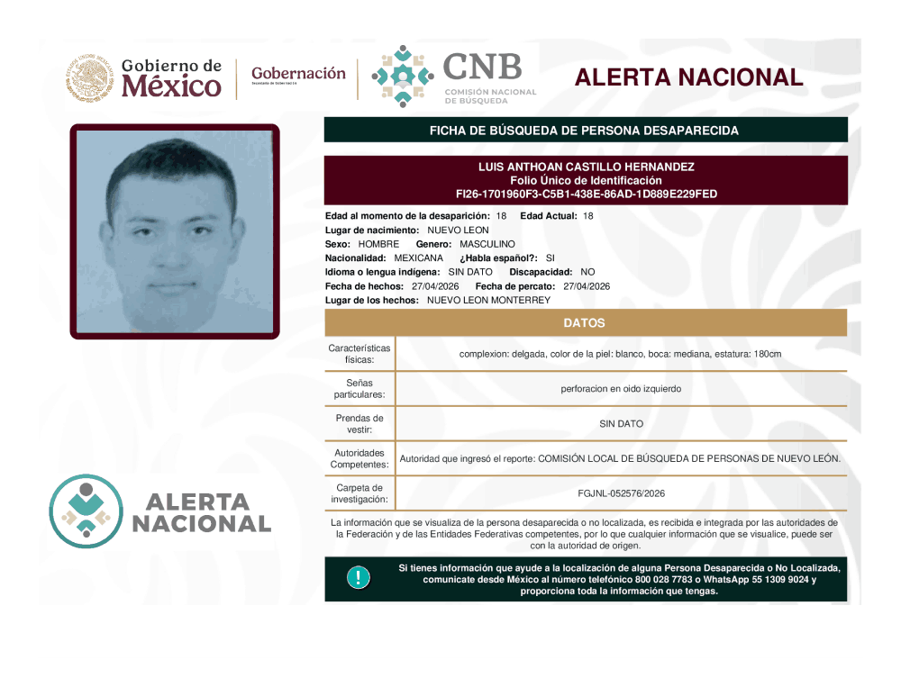 Persona desaparecida Luis Anthoan Castillo Hernández