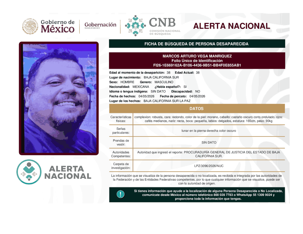 Persona desaparecida Marcos Arturo Vega Manriquez