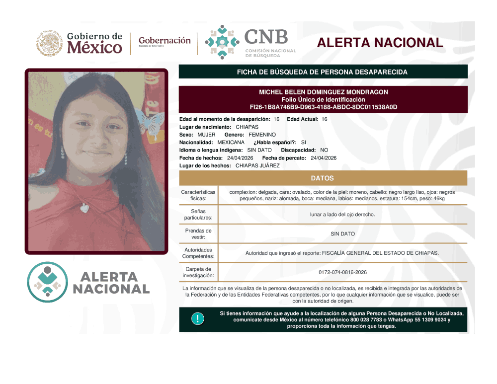 Persona desaparecida Michel Belen Domínguez Mondragon