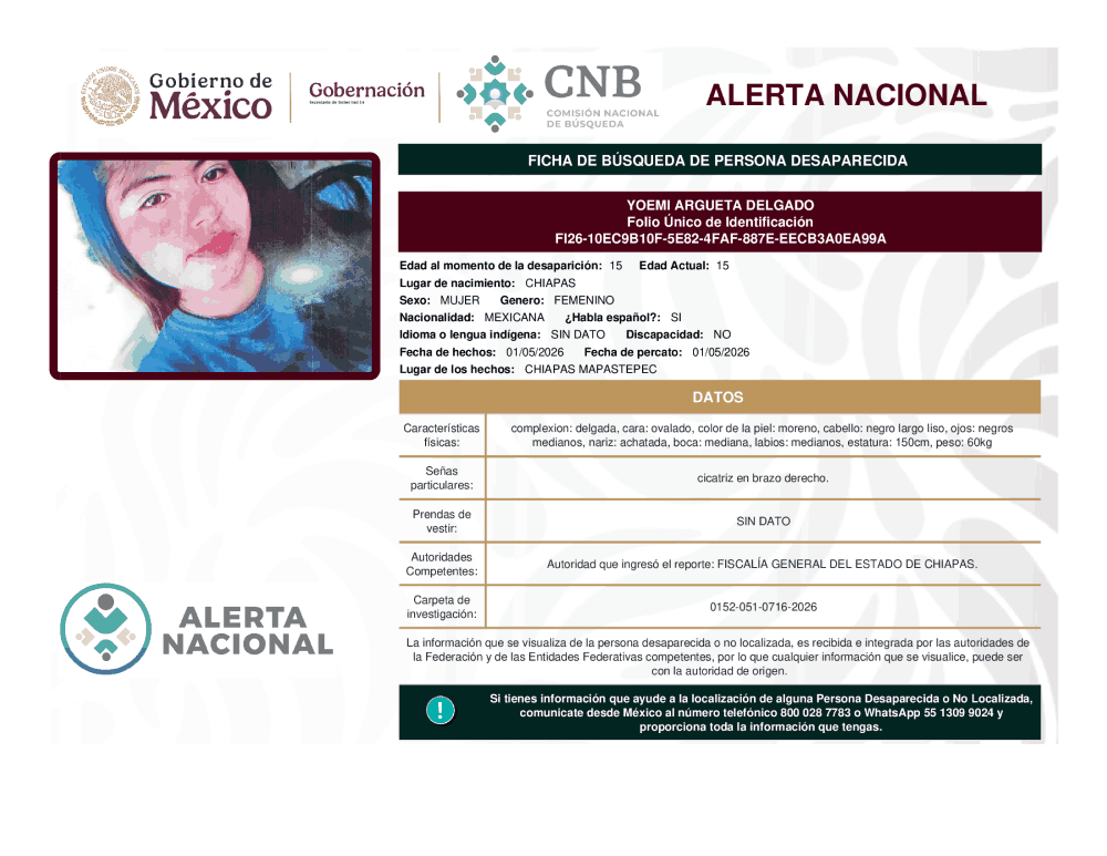 Persona desaparecida Yoemi Argueta Delgado