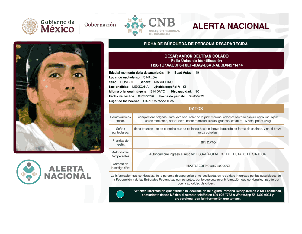 Persona desaparecida César Aarón Beltrán Colado