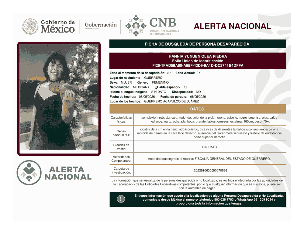 Persona desaparecida Hannia Yunuen Olea Piedra