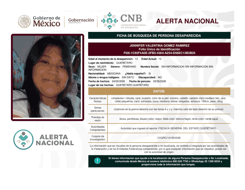 Persona desaparecida Jennifer Valentina Gómez Ramírez