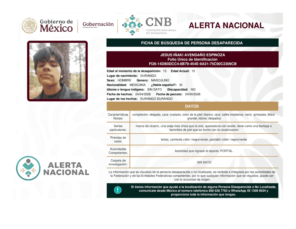 Persona desaparecida Jesús Inaki Avendano Espinoza