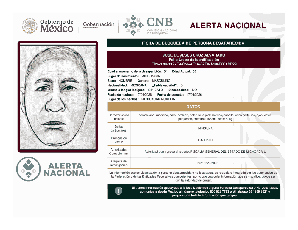 Persona desaparecida José de Jesús Cruz Alvarado