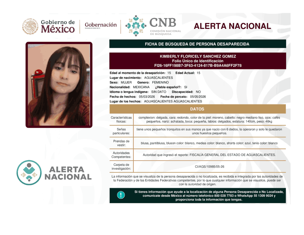 Persona desaparecida Kimberly Floricely Sánchez Gómez