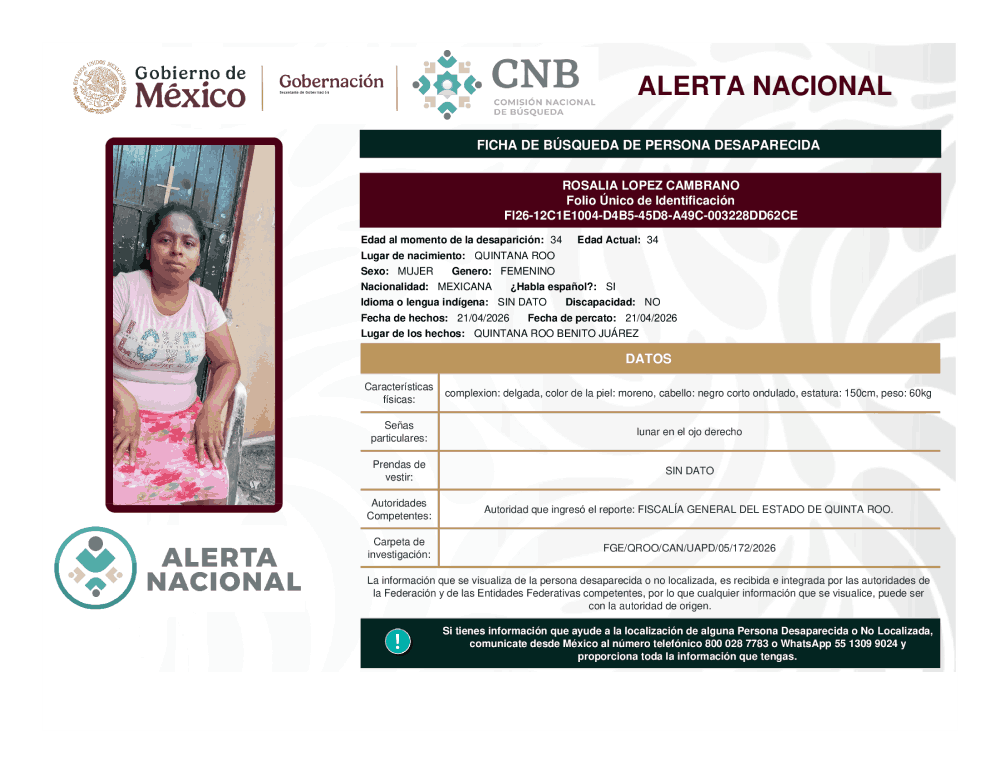 Persona desaparecida Rosalia López Cambrano