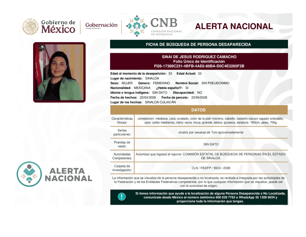 Persona desaparecida Sinai de Jesús Rodríguez Camacho