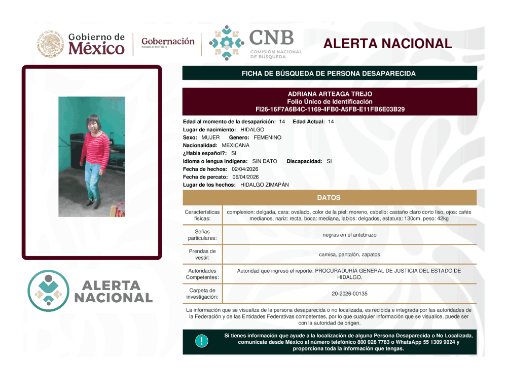 Persona desaparecida Adriana Arteaga Trejo