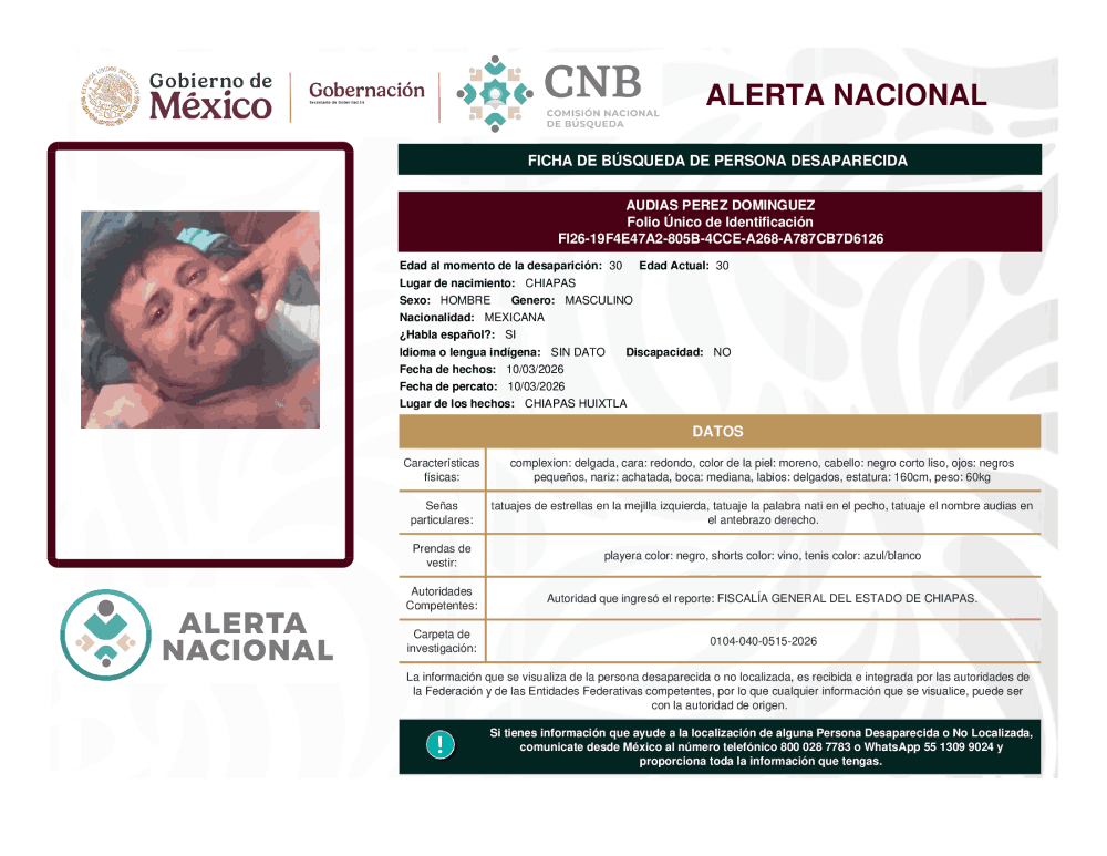 Persona desaparecida Audias Pérez Domínguez