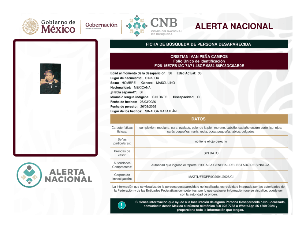 Persona desaparecida Cristian Ivan Peña campos