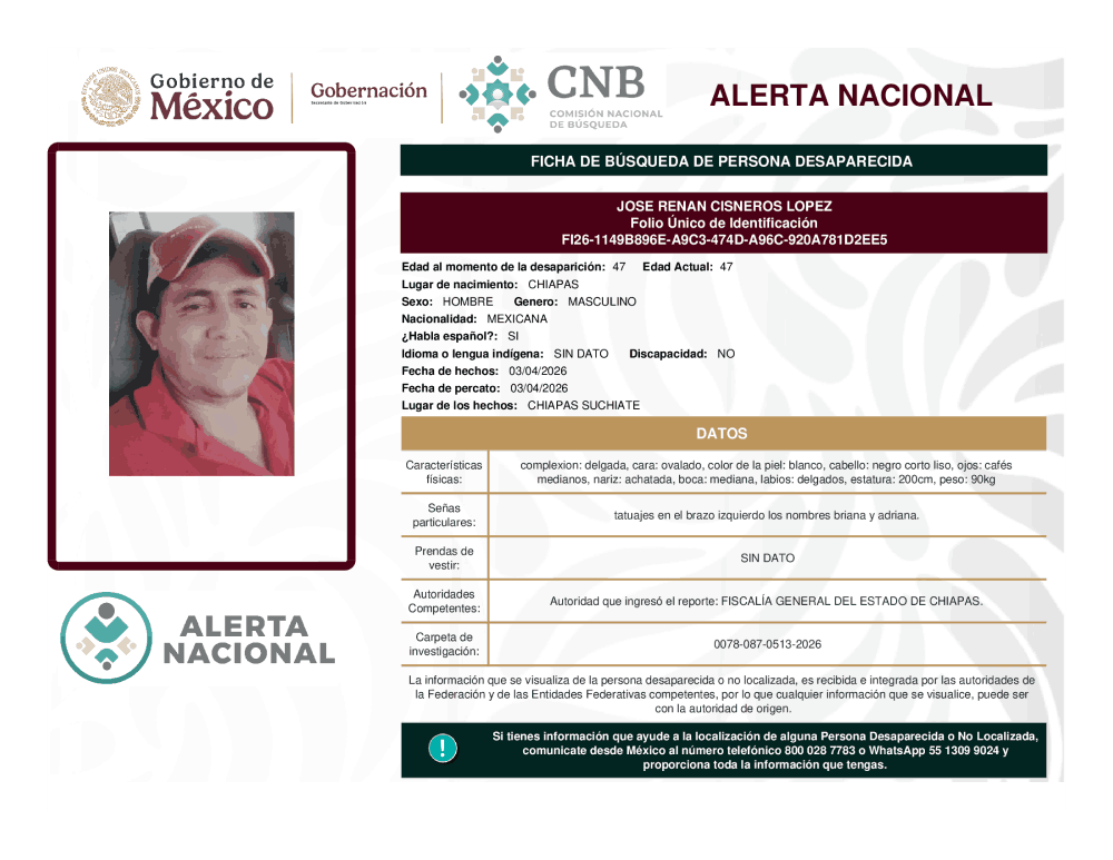 Persona desaparecida José Renan Cisneros López