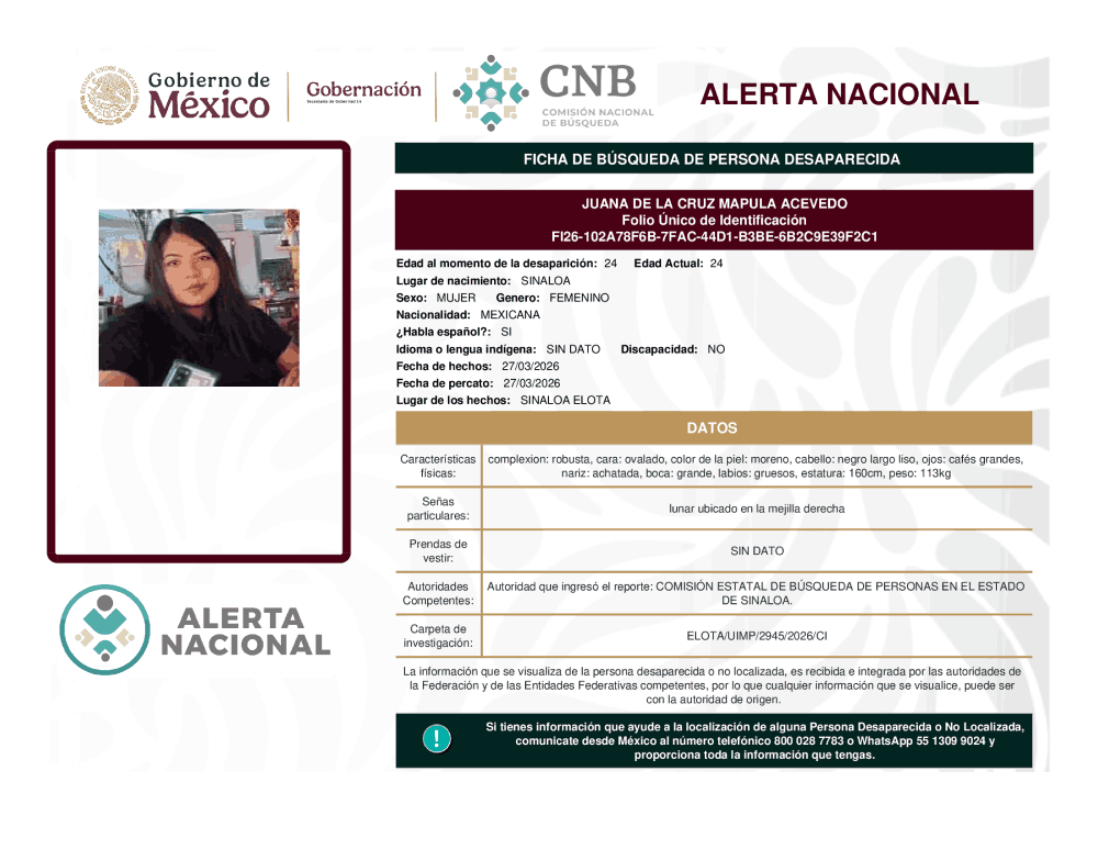 Persona desaparecida Juana de la Cruz Mapula Acevedo