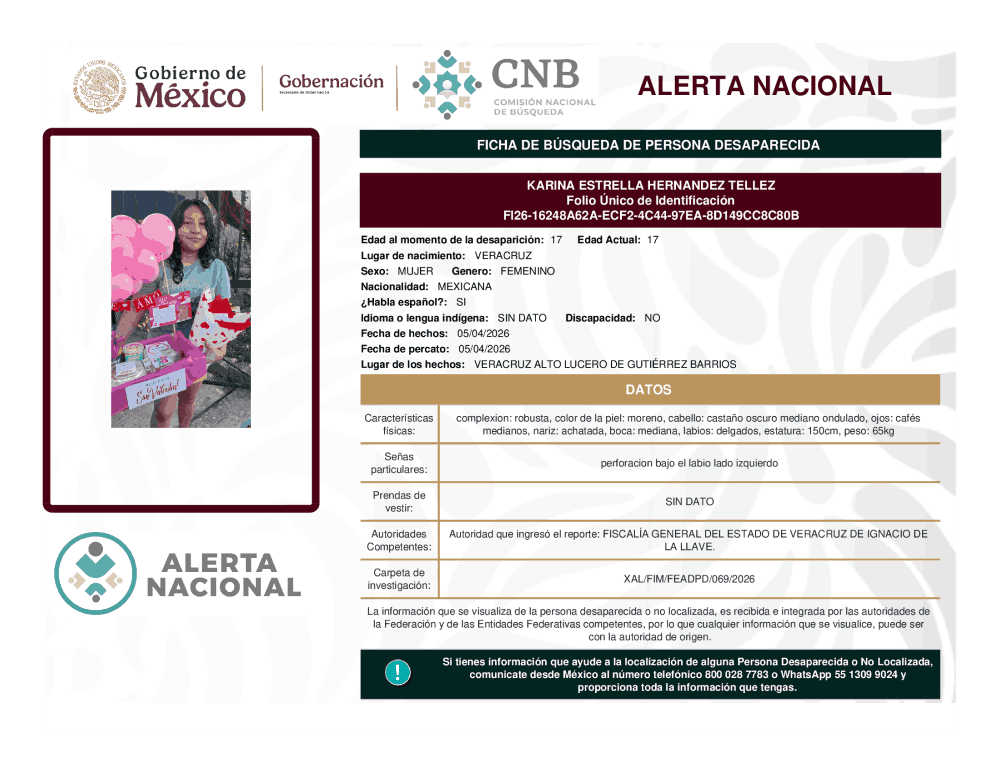 Persona desaparecida Karina Estrella Hernández Tellez
