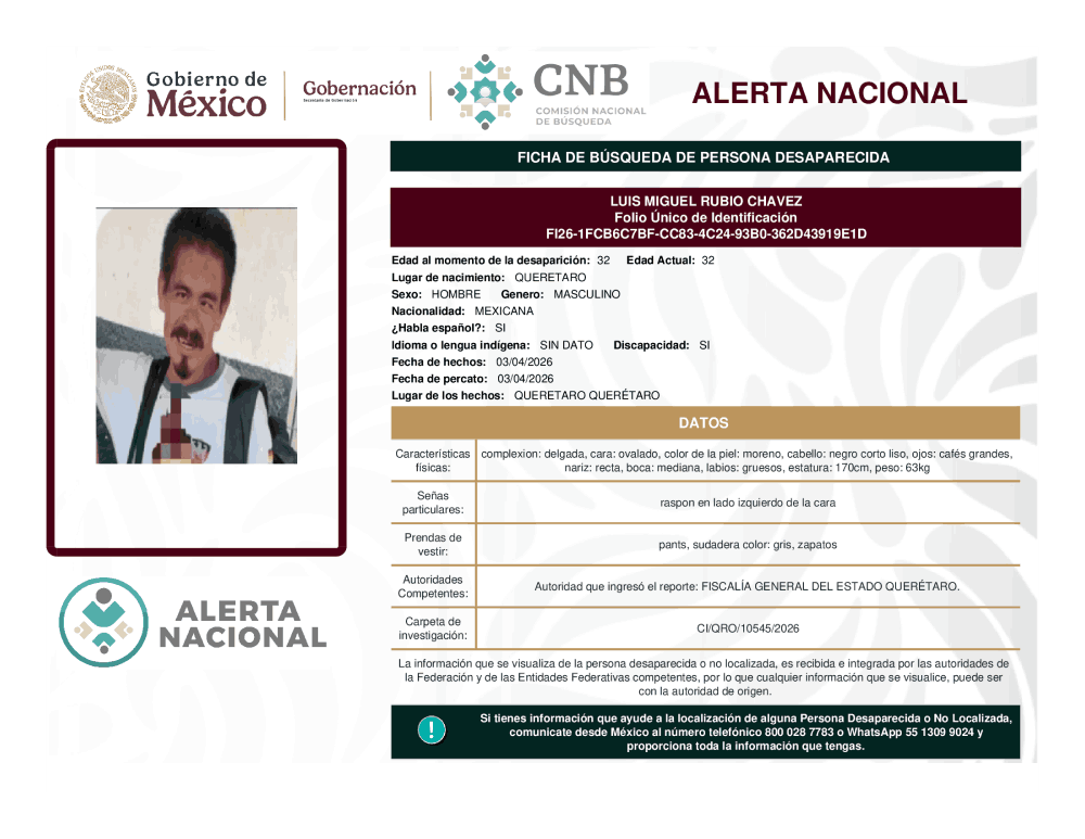 Persona desaparecida Luis Miguel Rubio Chávez