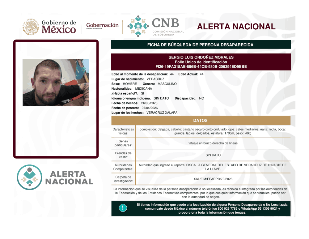 Persona desaparecida Sergio Luis Ordonez Morales