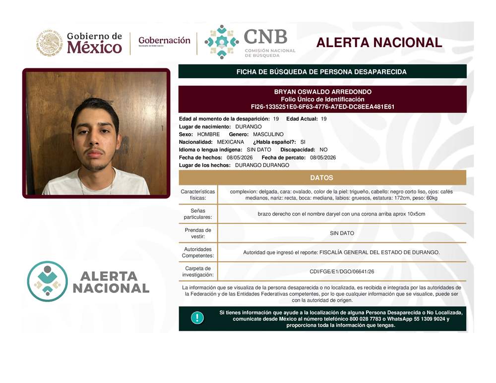 Persona desaparecida Bryan Oswaldo Arredondo