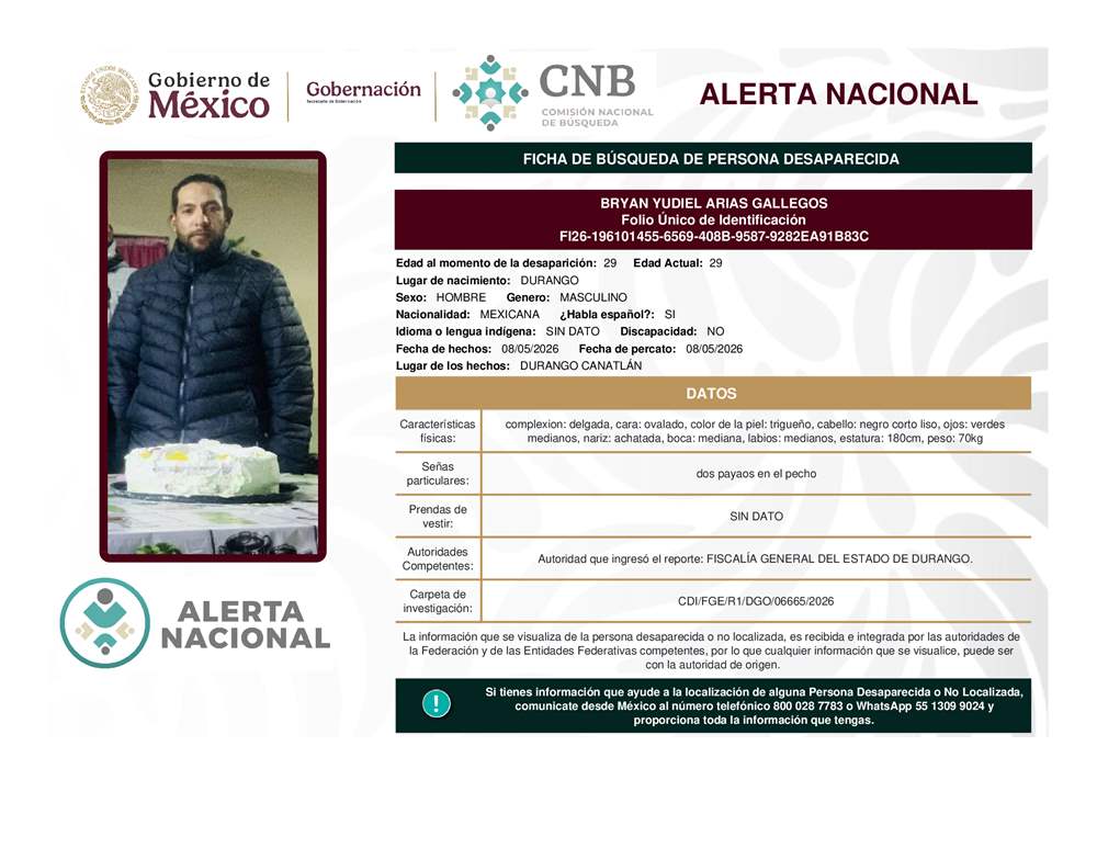 Persona desaparecida Bryan Yudiel Arias Gallegos