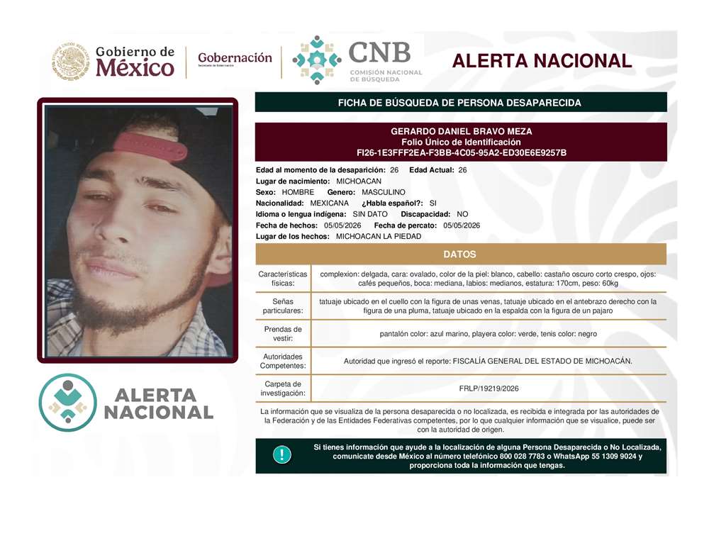 Persona desaparecida Gerardo Daniel Bravo Meza