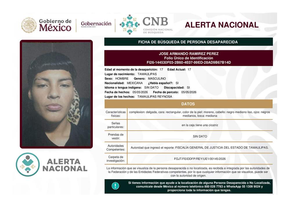 Persona desaparecida Jose Armando Ramirez Perez