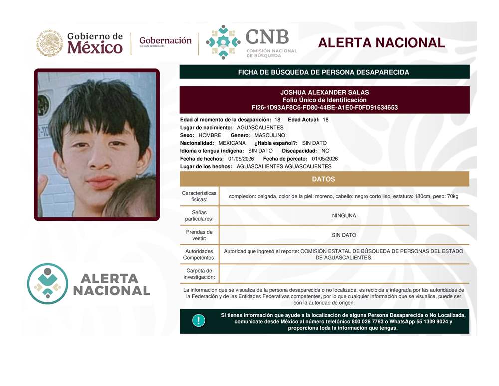 Persona desaparecida Joshua Alexander Salas