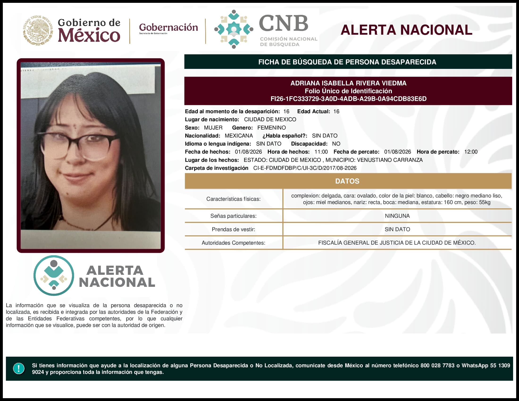 Persona desaparecida Adriana Isabella Rivera Viedma