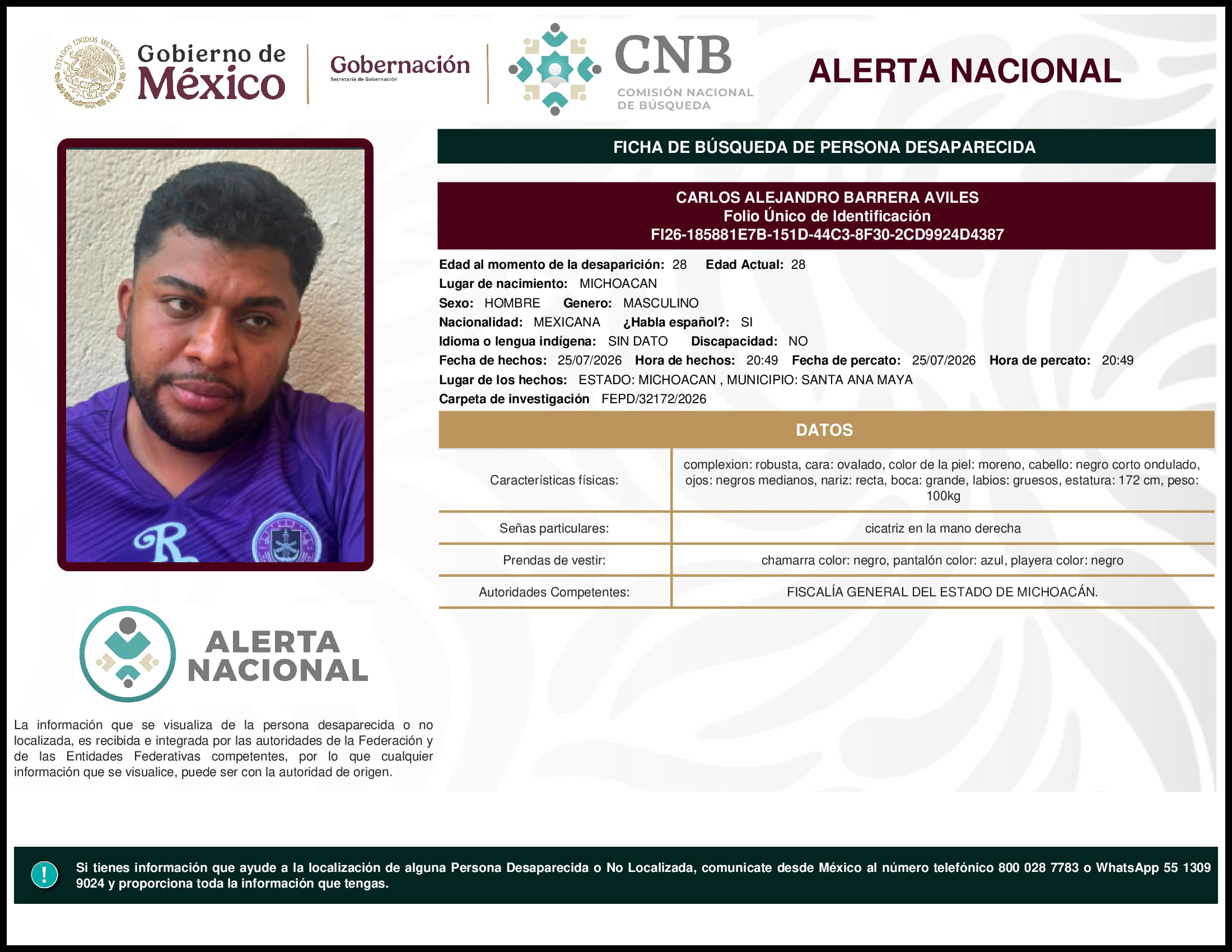 Persona desaparecida Carlos Alejandro Barrera Aviles