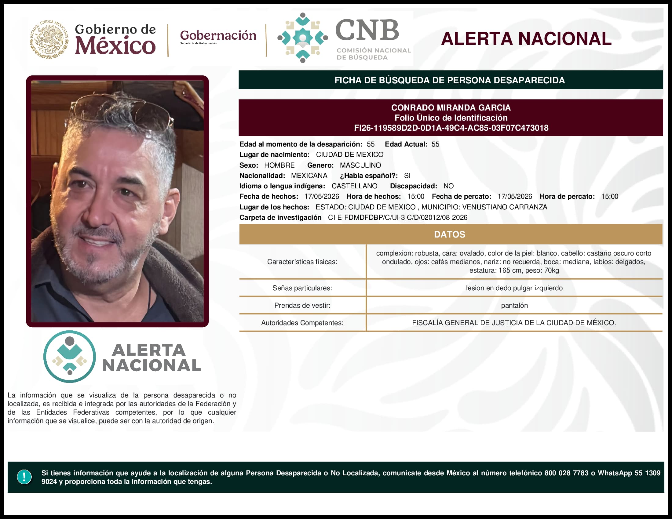 Persona desaparecida Conrado Miranda Garcia