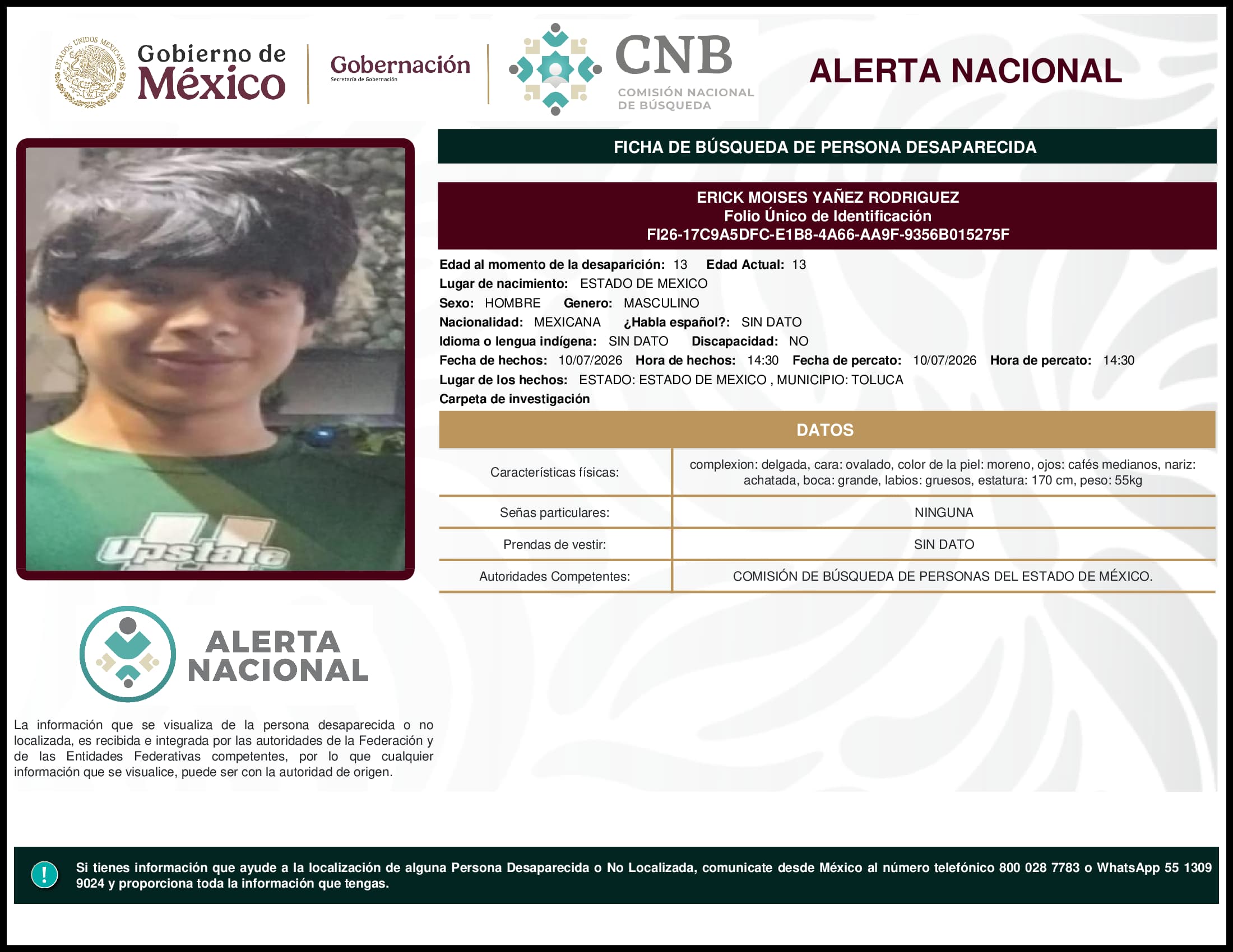 Persona desaparecida Erick Moises Yanez Rodriguez