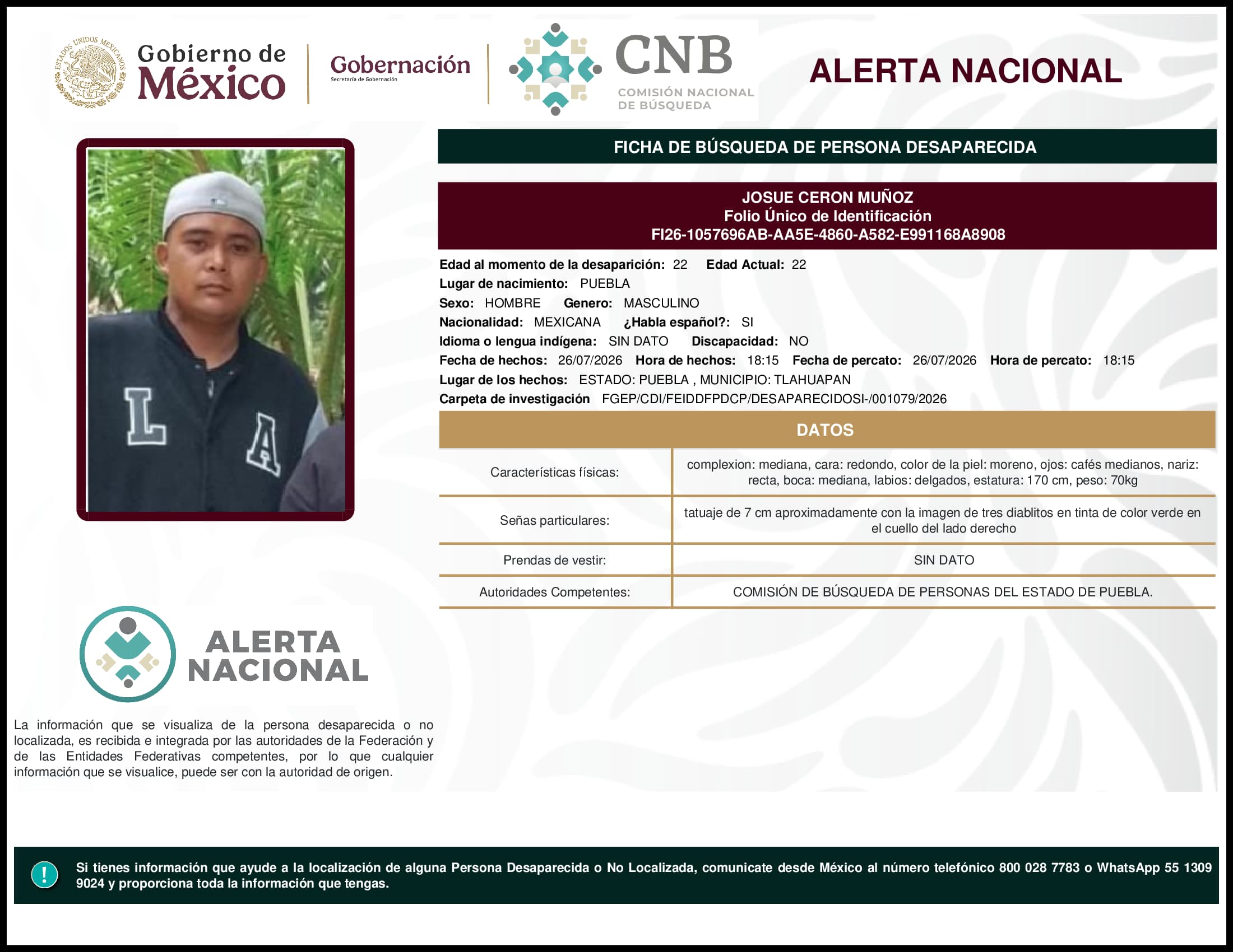 Persona desaparecida Josue Ceron Munoz