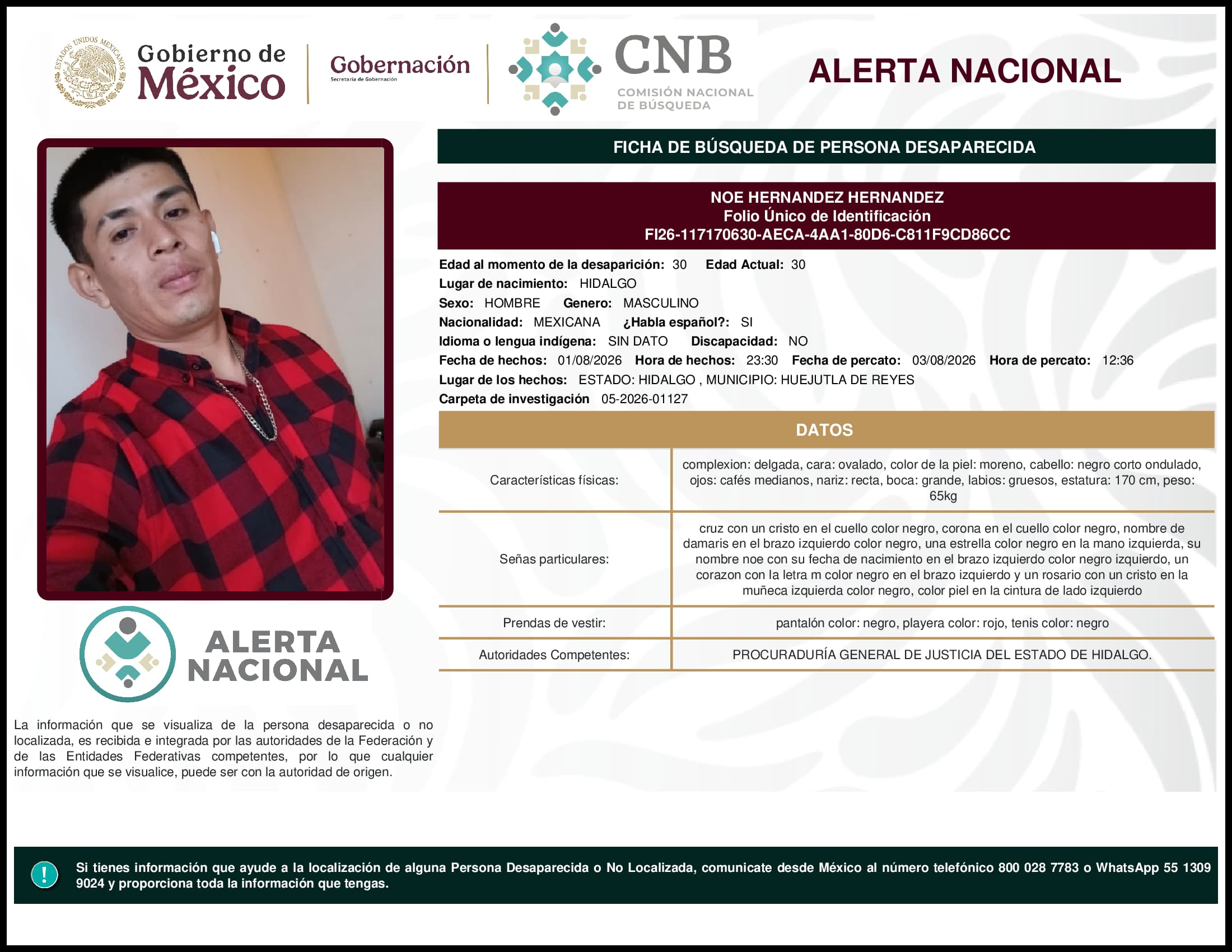 Persona desaparecida Noe Hernandez Hernandez