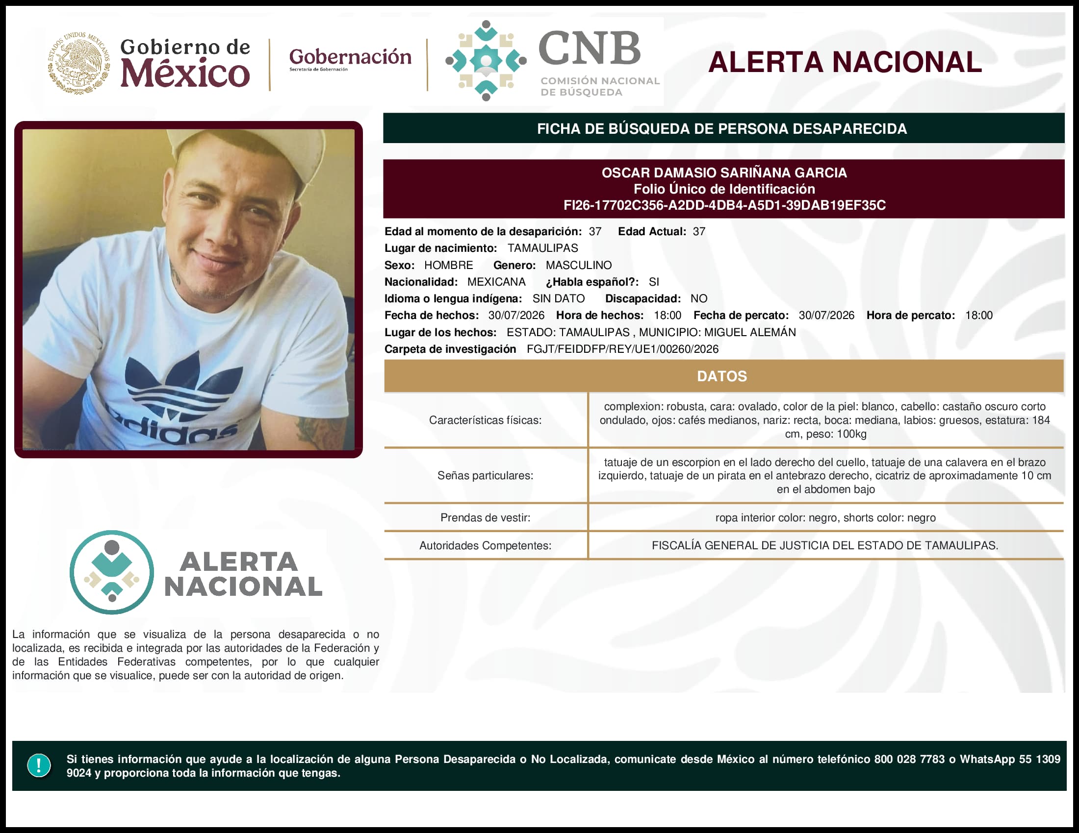 Persona desaparecida Oscar Damasio Sarinana Garcia