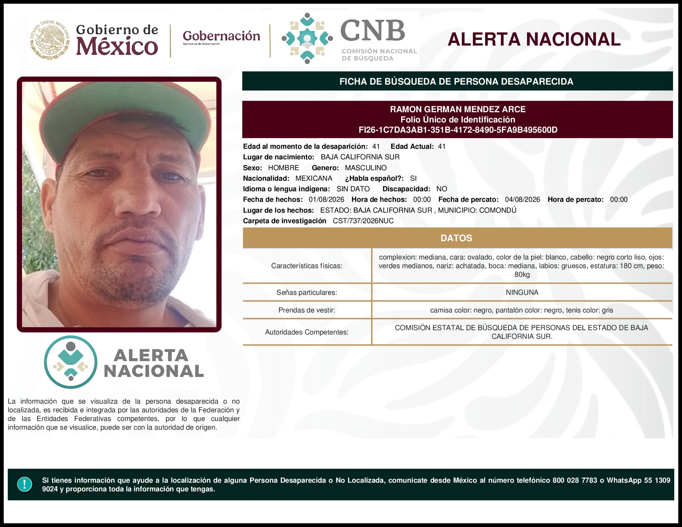 Persona desaparecida Ramon German Mendez Arce