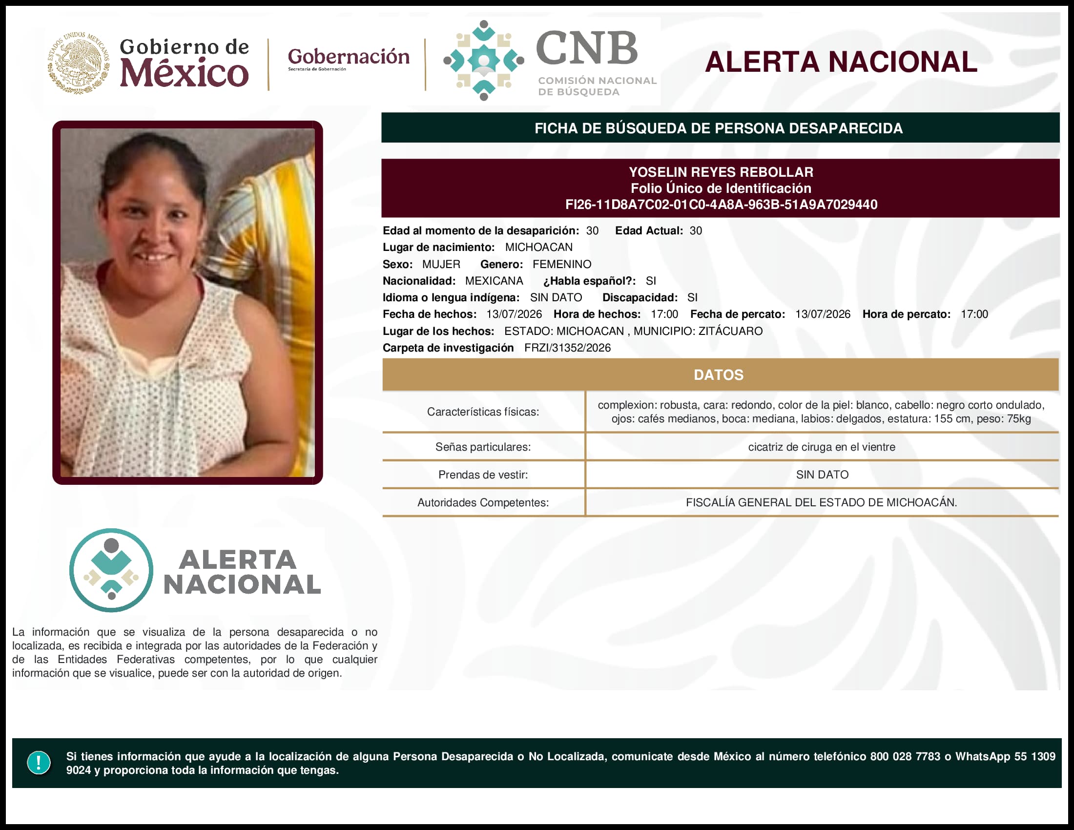 Persona desaparecida Yoselin Reyes Rebollar