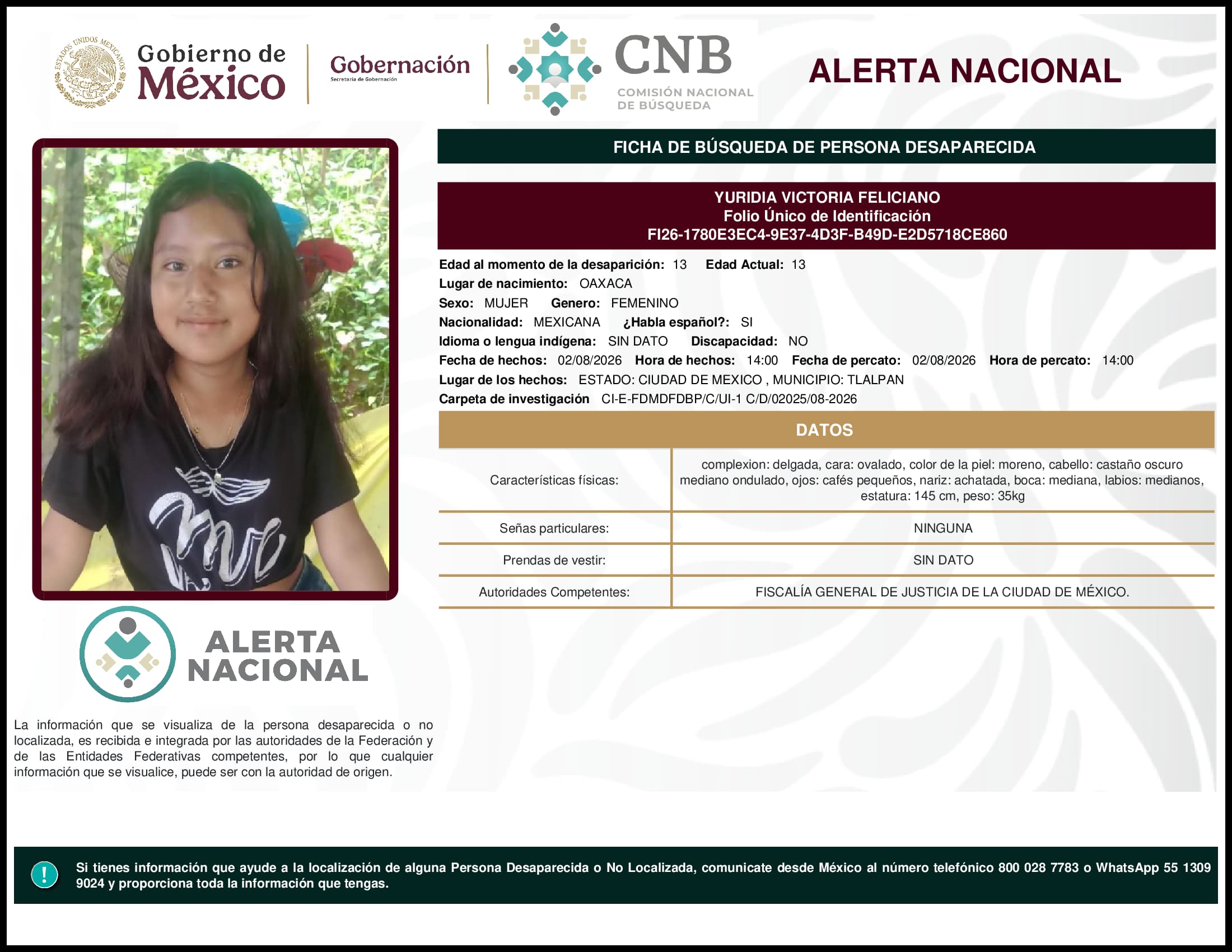 Persona desaparecida Yuridia Victoria Feliciano