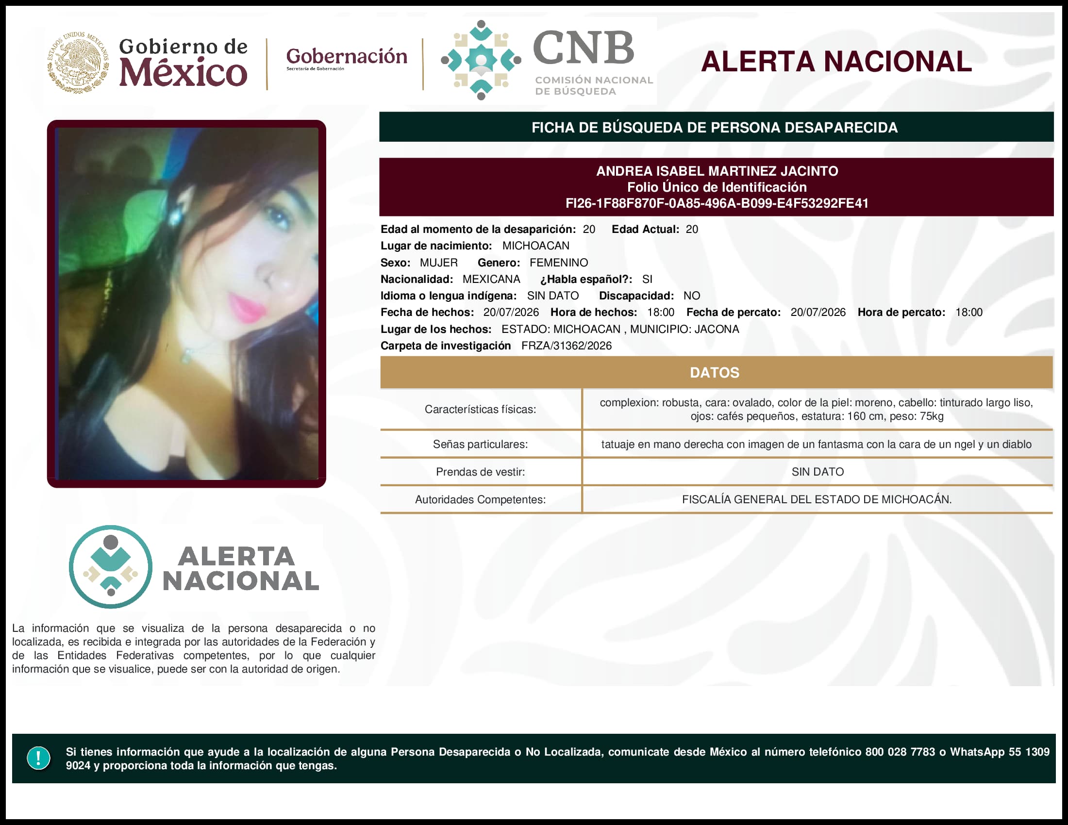 Persona desaparecida Andrea Isabel Martinez Jacinto