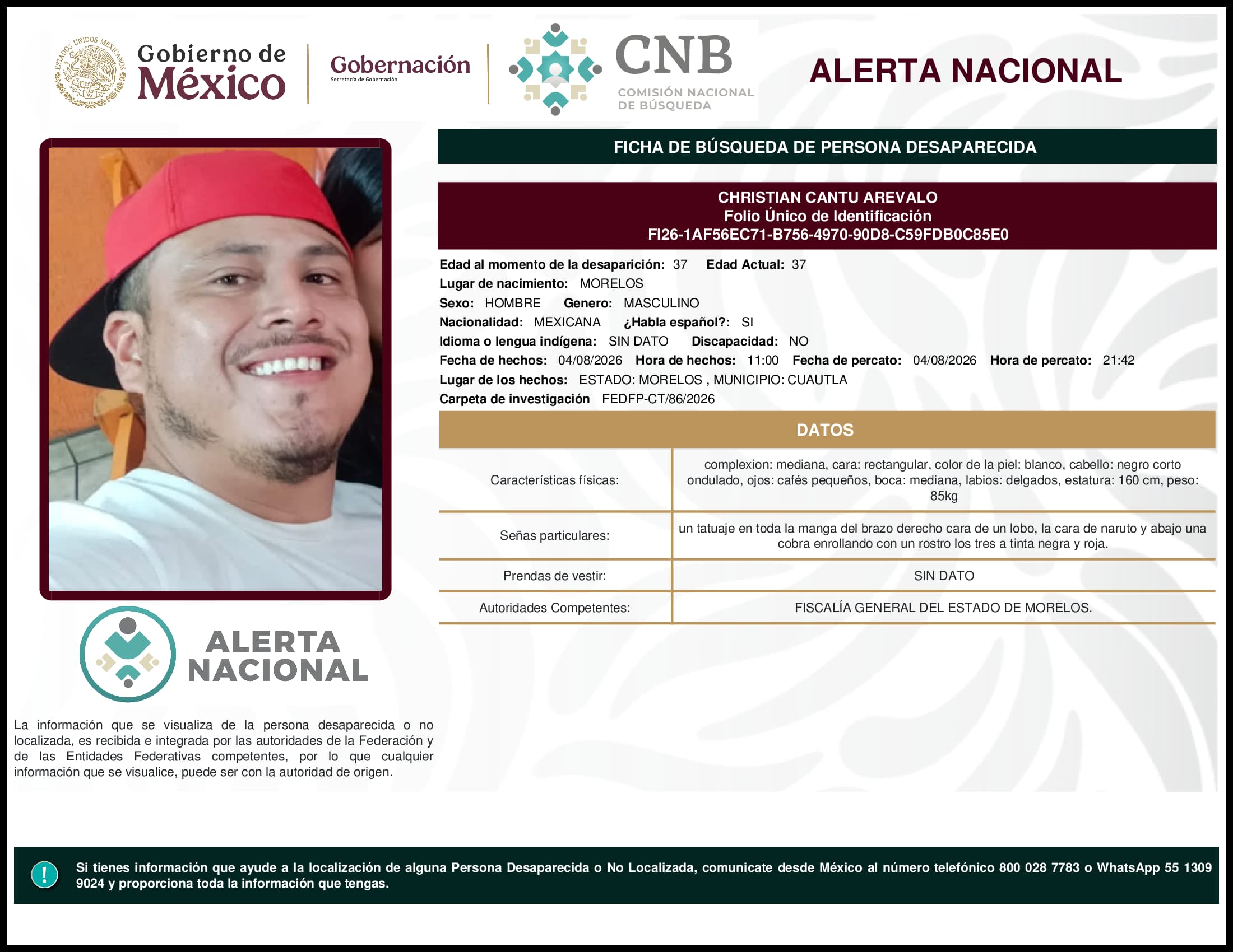 Persona desaparecida Christian Cantu Arevalo