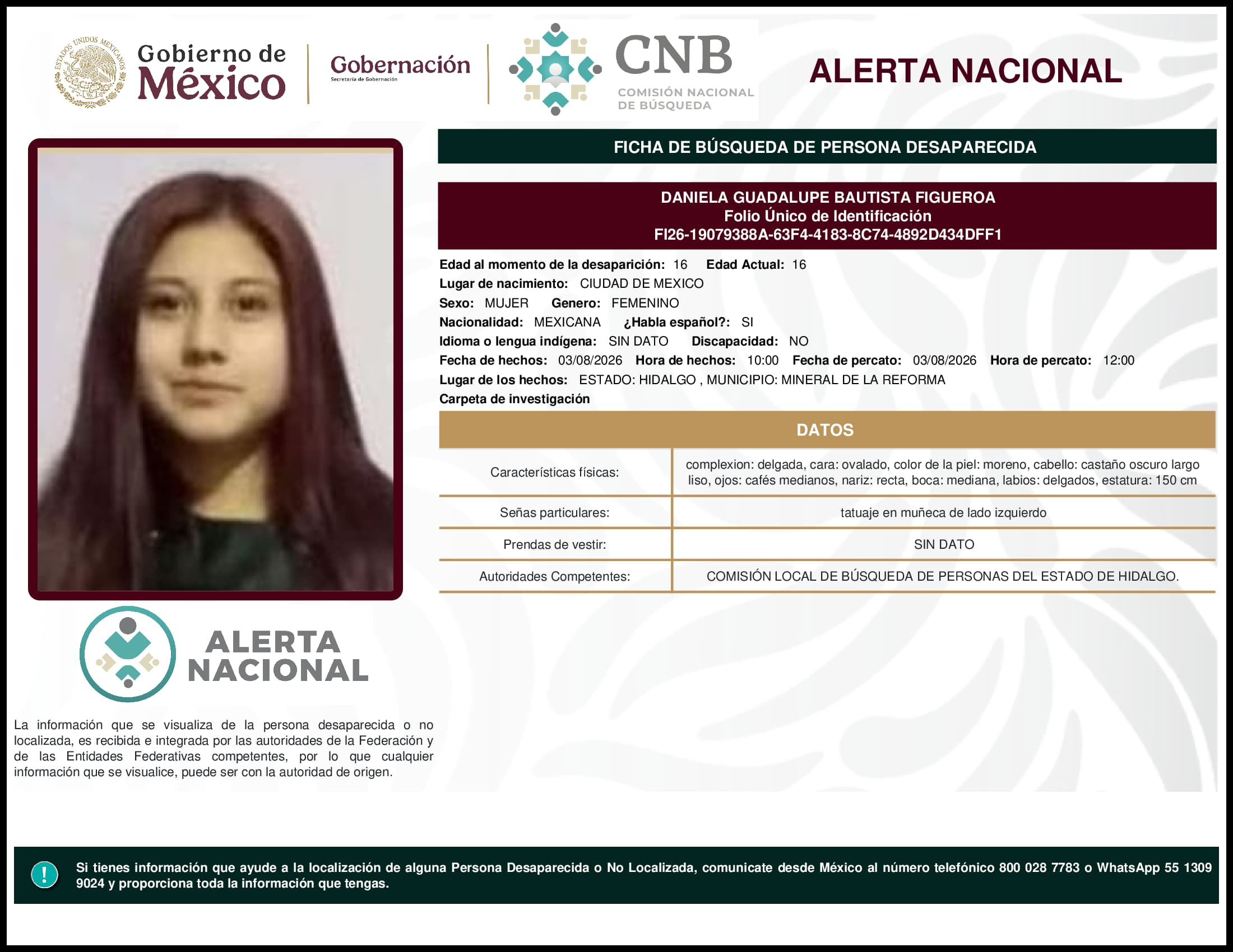 Persona desaparecida Daniela Guadalupe Bautista Figueroa