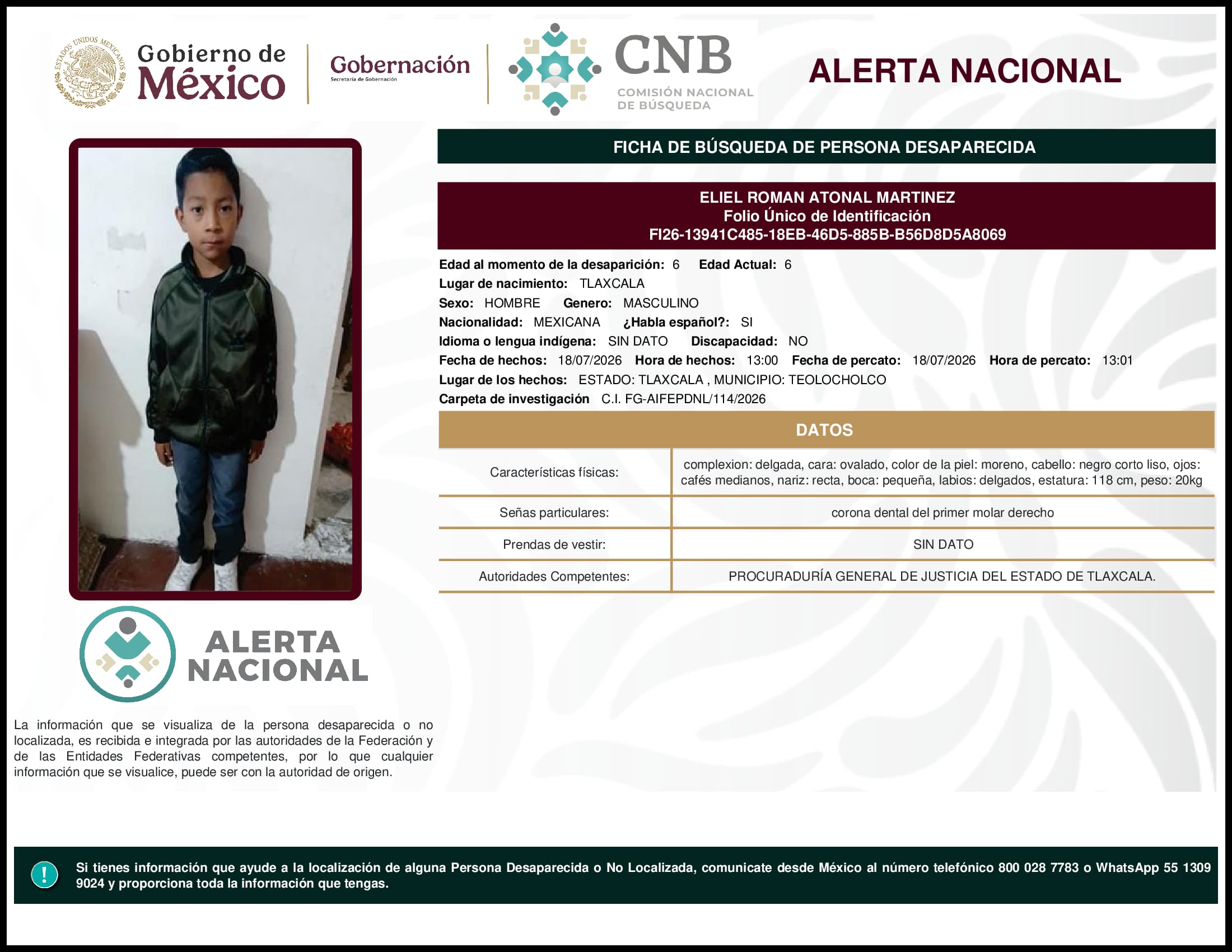 Persona desaparecida Eliel Roman Atonal Martinez
