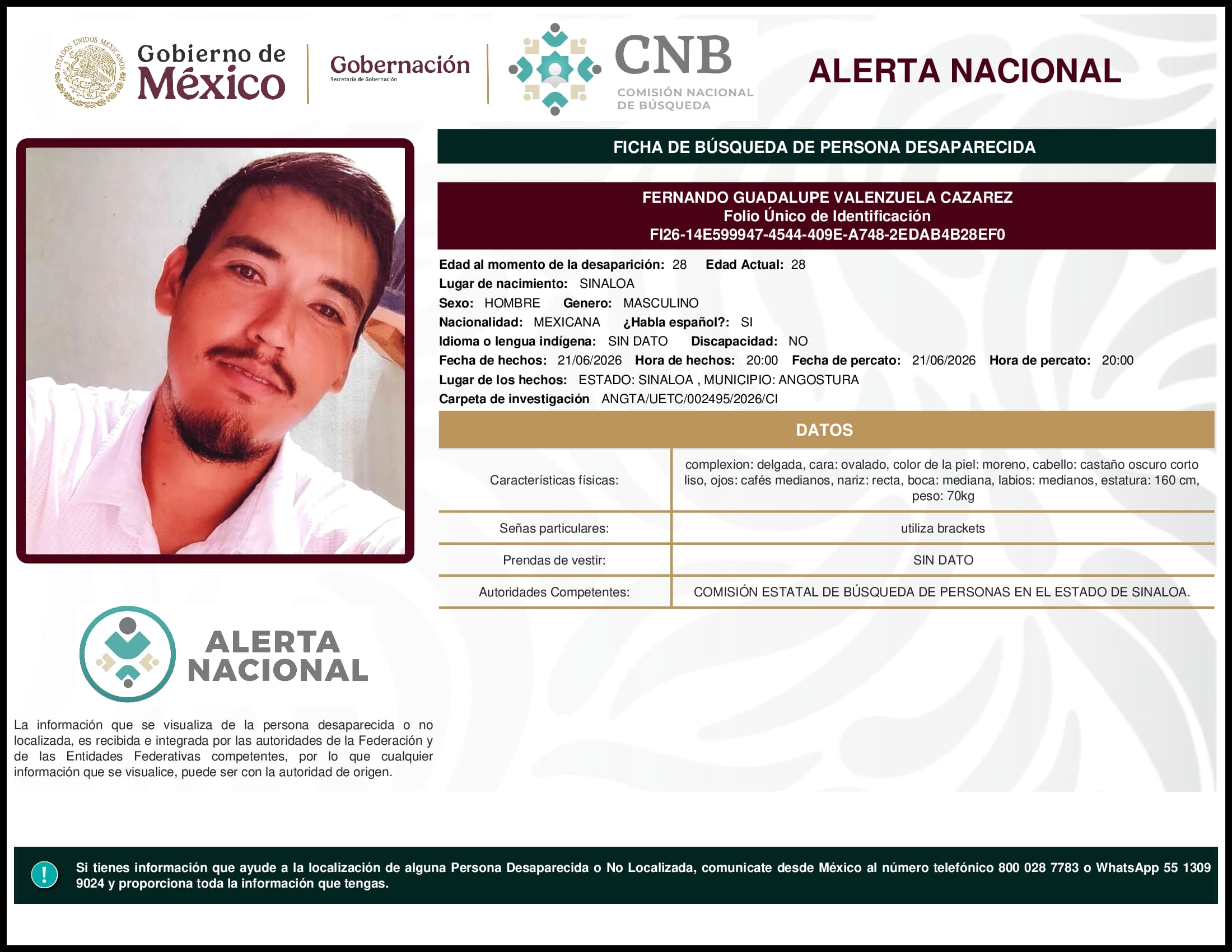 Persona desaparecida Fernando Guadalupe Valenzuela Cazarez