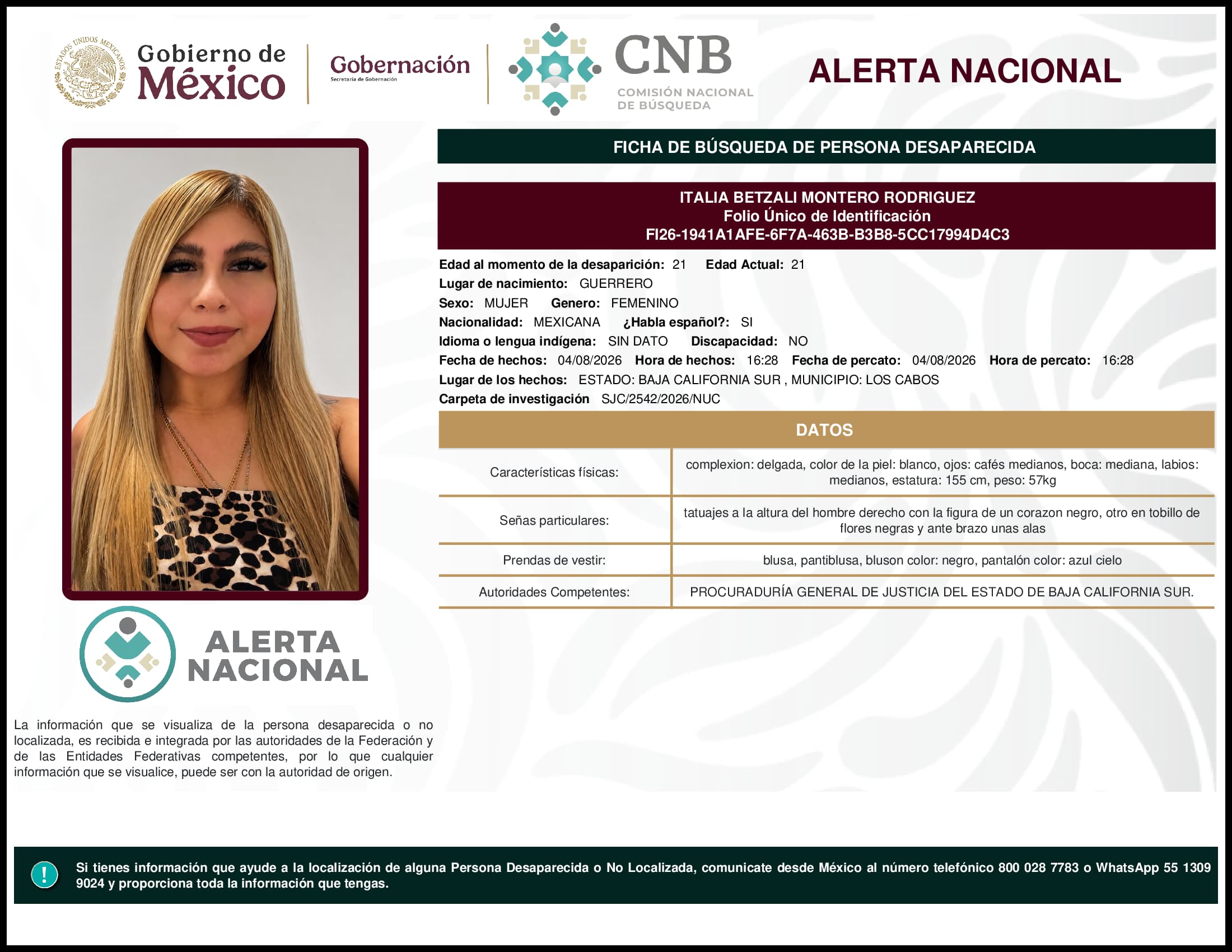 Persona desaparecida Italia Betzali Montero Rodriguez