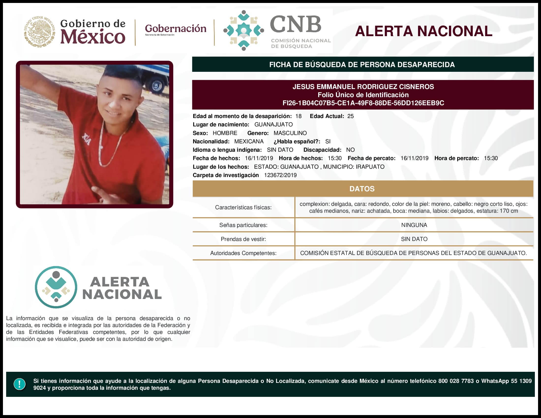 Persona desaparecida Jesus Emmanuel Rodriguez Cisneros