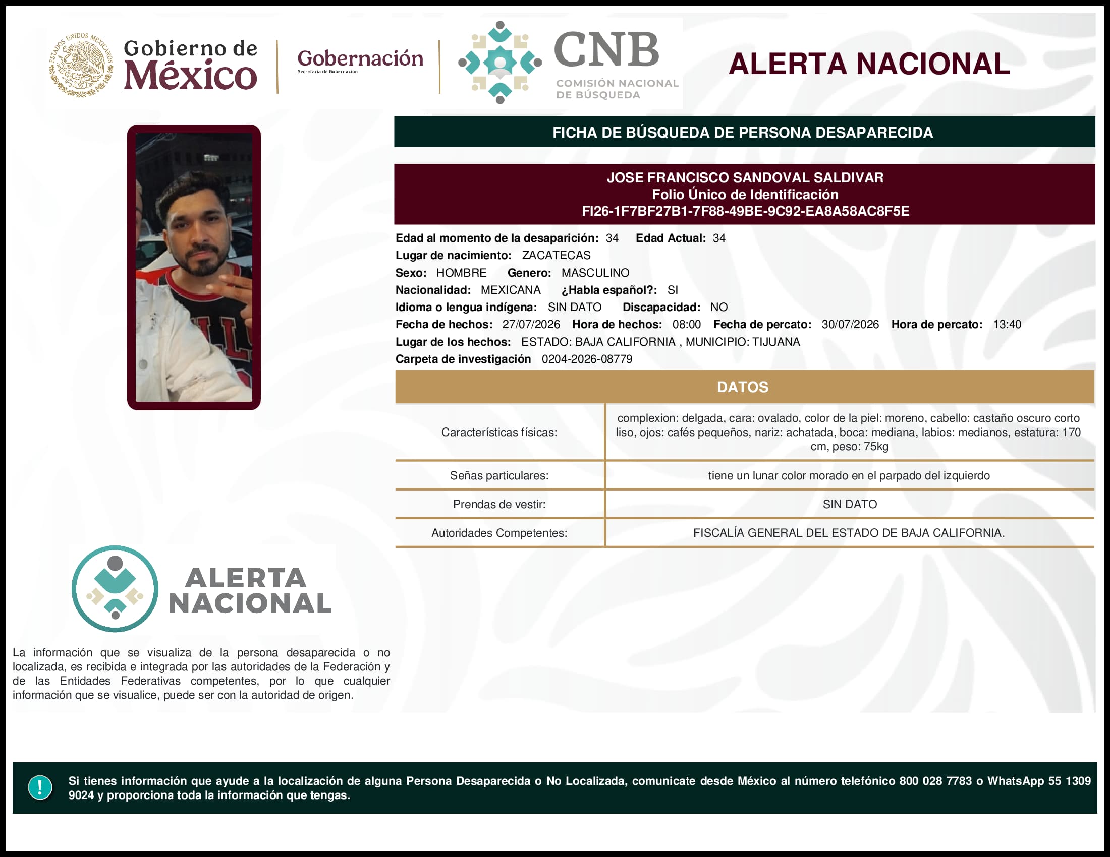 Persona desaparecida Jose Francisco Sandoval Saldivar