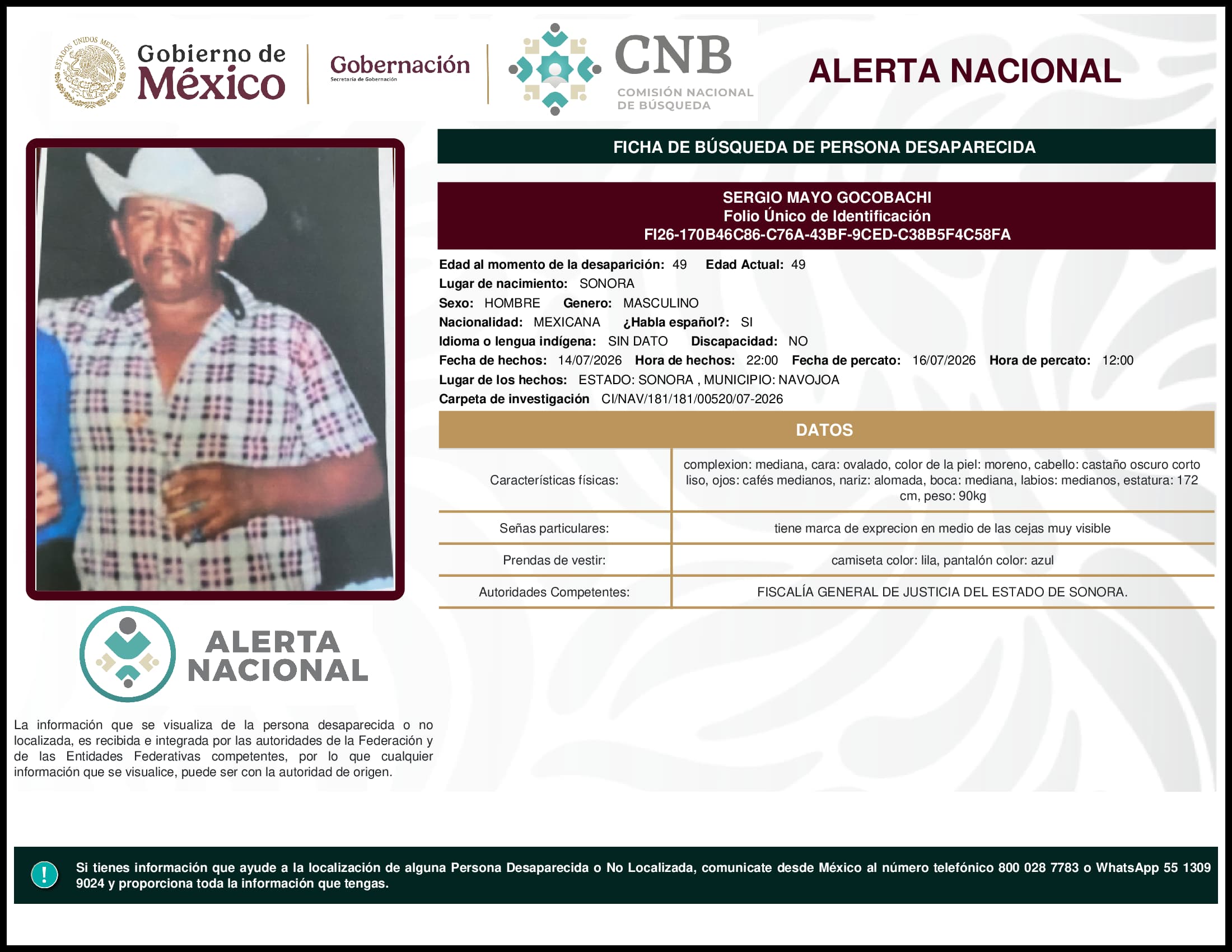 Persona desaparecida Sergio Mayo Gocobachi