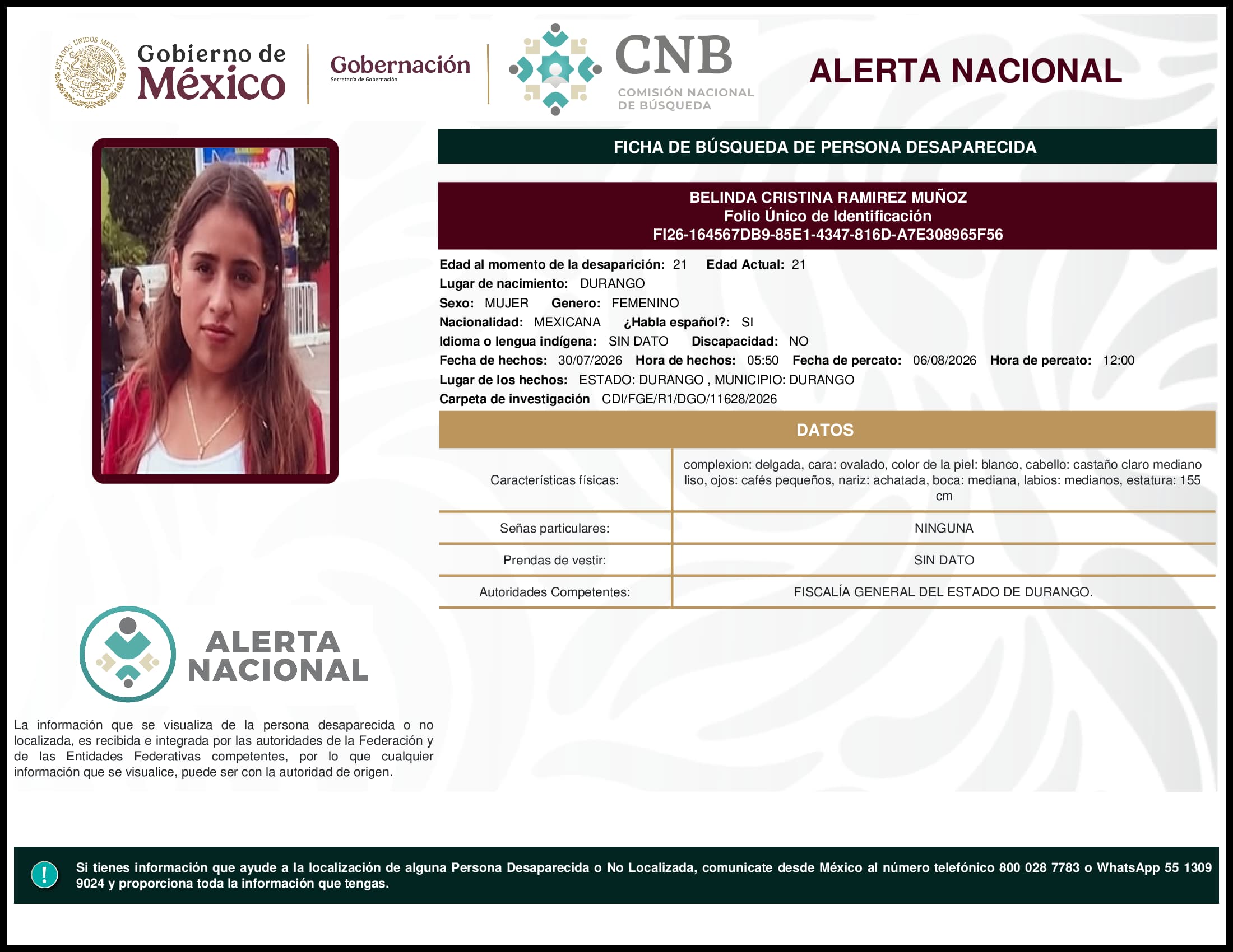 Persona desaparecida Belinda Cristina Ramirez Munoz