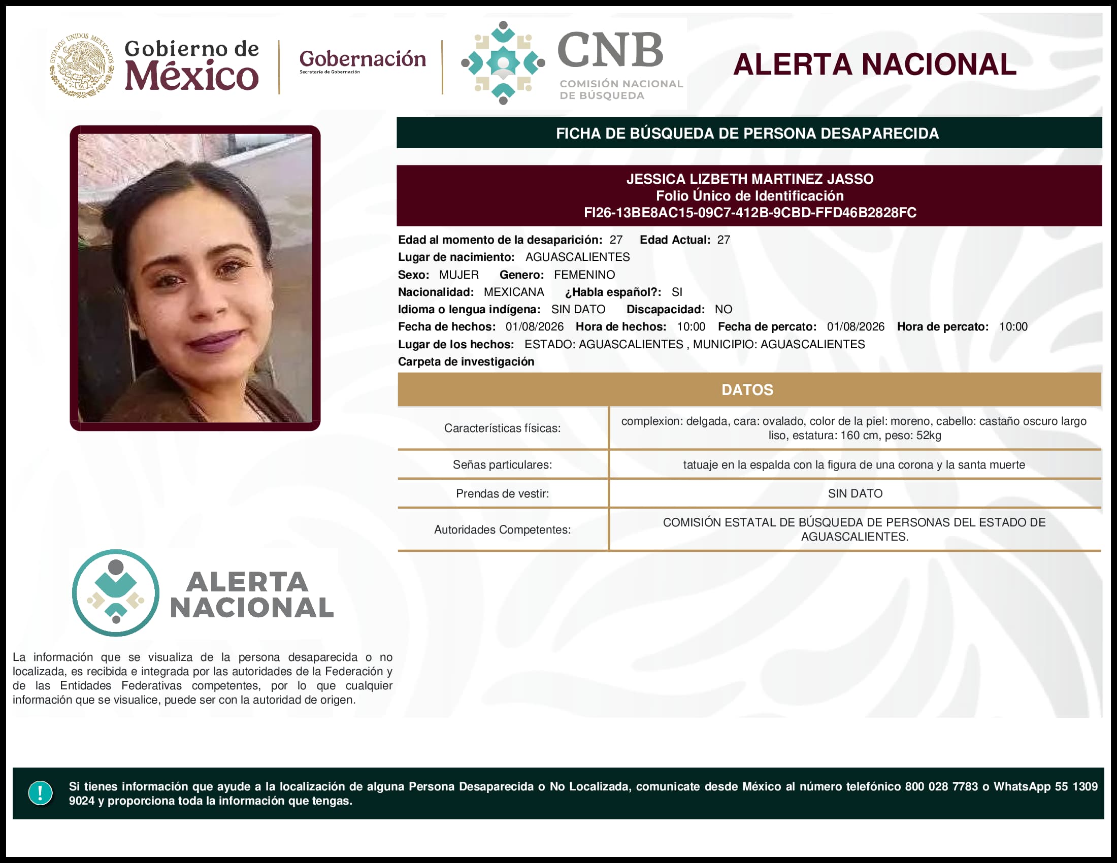 Persona desaparecida Jessica Lizbeth Martinez Jasso